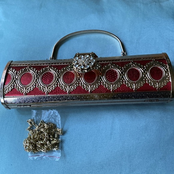 New handheld cylinder shape metal red embellished clutch  bag